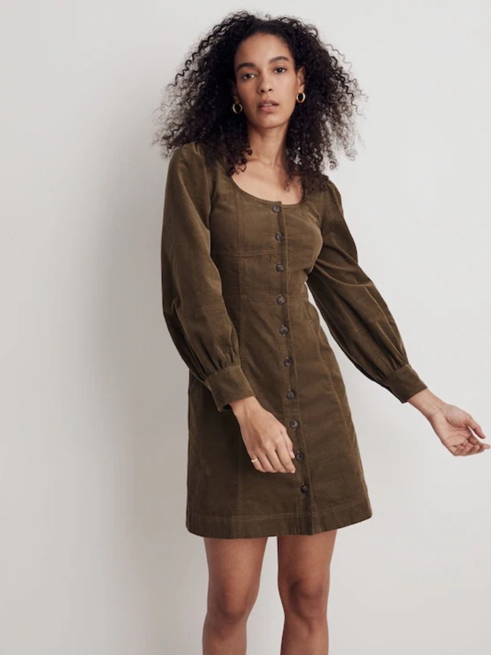 Madewell Corduroy Seamed‎ Long-Sleeve Mini Dress in Kale Green.